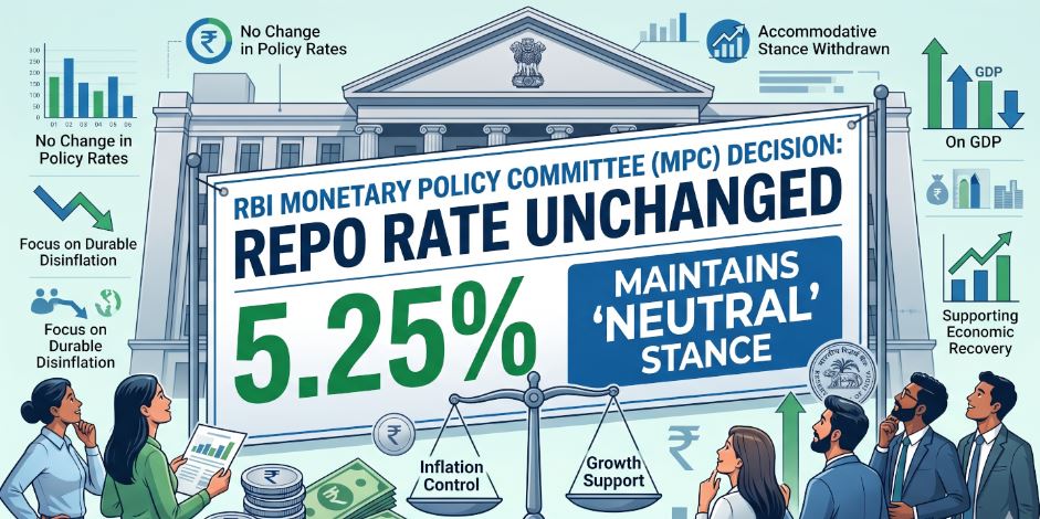 RBI Keeps Repo Rate Unchanged at 5.25 PC, Retains Neutral Policy Stance